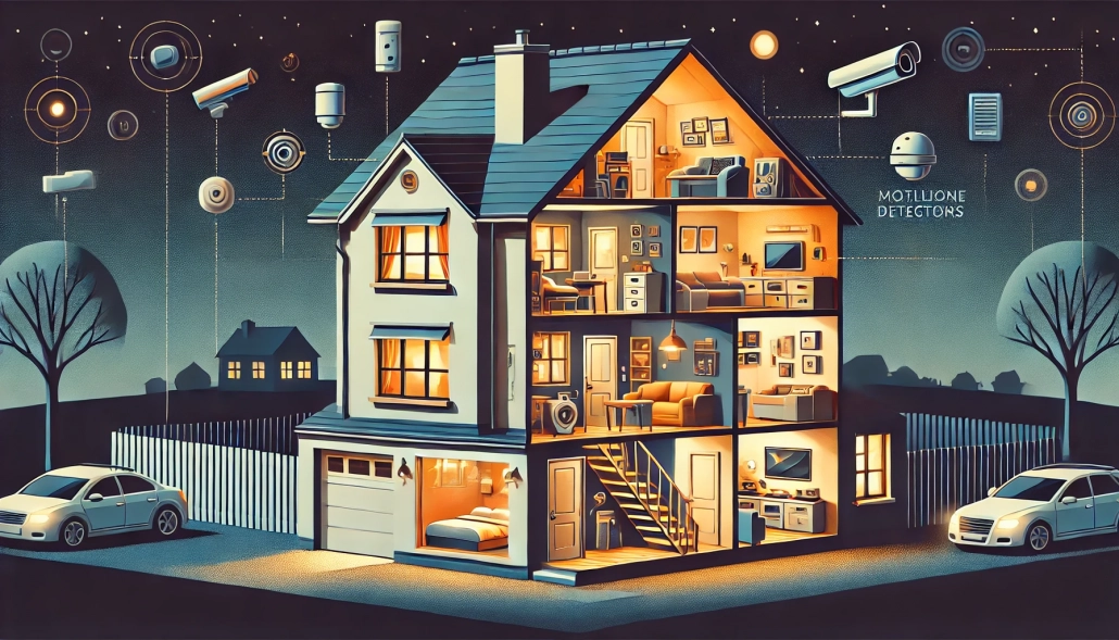 DALL·E 2024-12-14 23.12.07 - A detailed pictographic-style illustration of a suburban house at night, shown at a 45-degree angle in a cutaway view. The house reveals interior secu